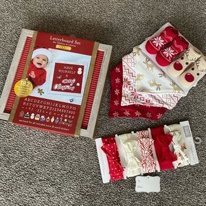 Baby girl Christmas set. Letterboard, bows, socks, and bibs.